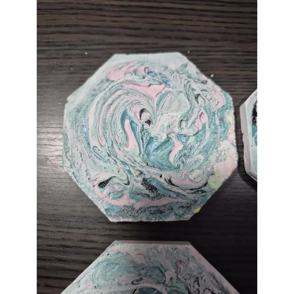 4 Teal/Pink White Marbled Eco Resin Stone Look Hexagon Coasters 4” Handmade